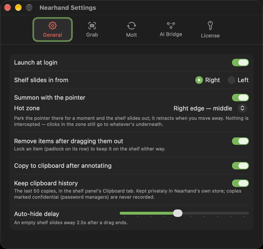 Nearhand settings: which edge the shelf slides in from, the pointer hot zone, and auto-hide delay